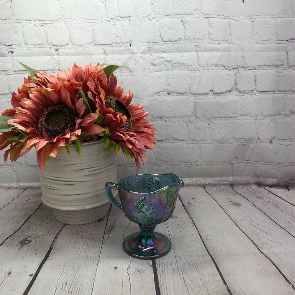 vintage blue carnival glass creamer harvest grapes iridescent